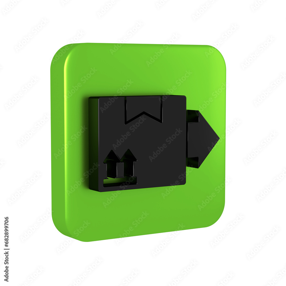 Black Cardboard box with traffic symbol icon isolated on transparent background. Box, package, parcel. Delivery, transportation and shipping. Green square button. Black Cardboard box with traffic symbol icon isolated on transparent background. Box, package, parcel. Delivery, transportation and shipping. Green square button.