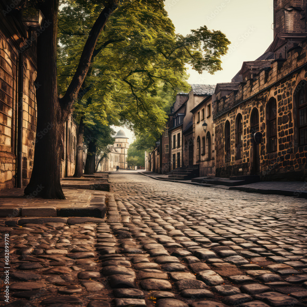 Fototapeta premium An old European cobblestone street in a sepia-toned 
