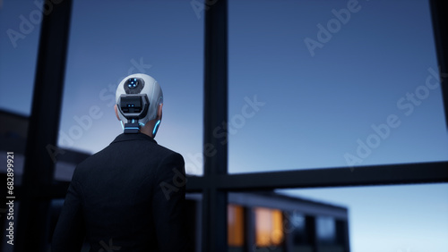 A robot humanoid staying in the empty office and looking out the window at the big night city. future technology concept