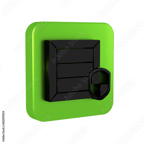 Black Delivery pack security with shield icon isolated on transparent background. Delivery insurance. Insured cardboard boxes beyond the shield. Green square button.