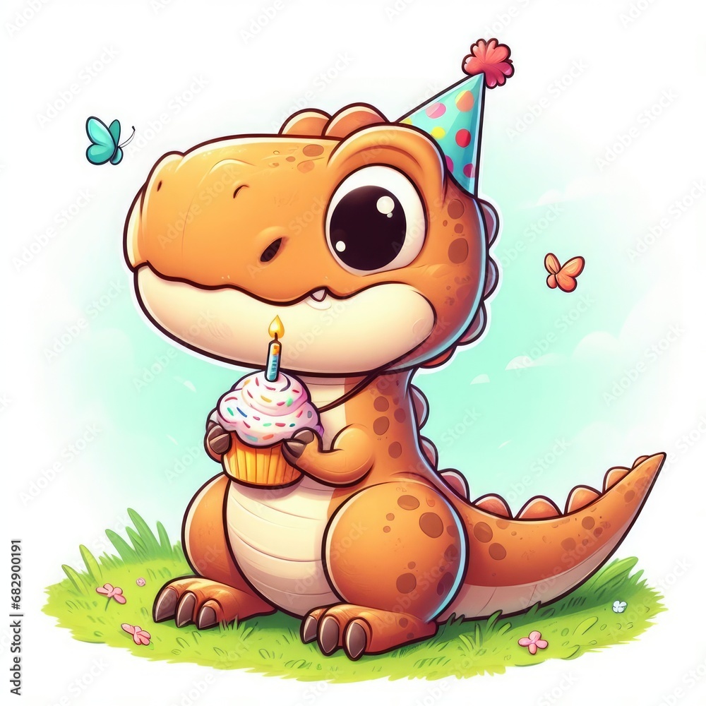 Naklejka premium Dinosaur with Birthday Cupcake