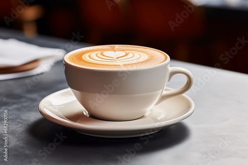 Cup of cappuccino on the table, close up view, copy space