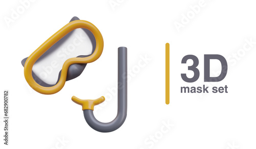 Mask with transparent glass, tube with yellow mouthpiece. Set for scuba diving. Accessories for snorkeling. 3D vector illustration. Goods for water sports