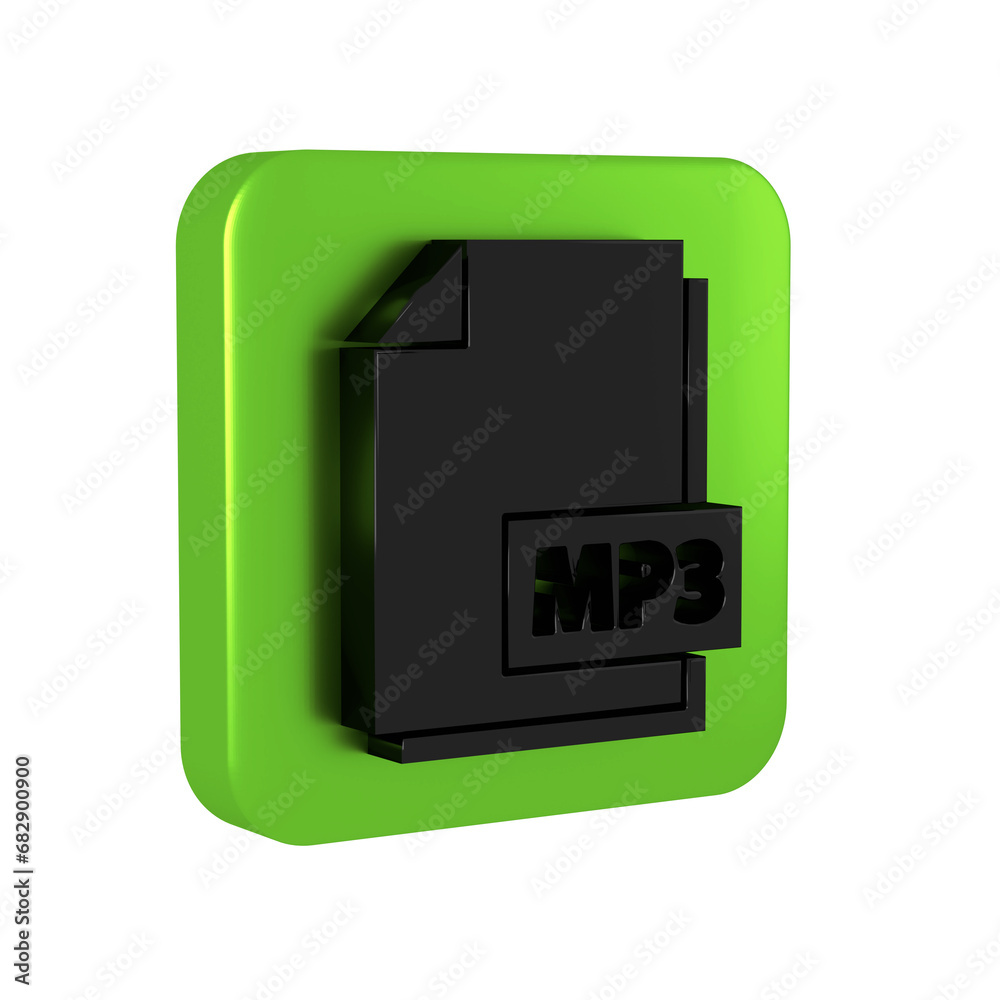 Black MP3 file document. Download mp3 button icon isolated on transparent background. Mp3 music format sign. MP3 file symbol. Green square button. Black MP3 file document. Download mp3 button icon isolated on transparent background. Mp3 music format sign. MP3 file symbol. Green square button.