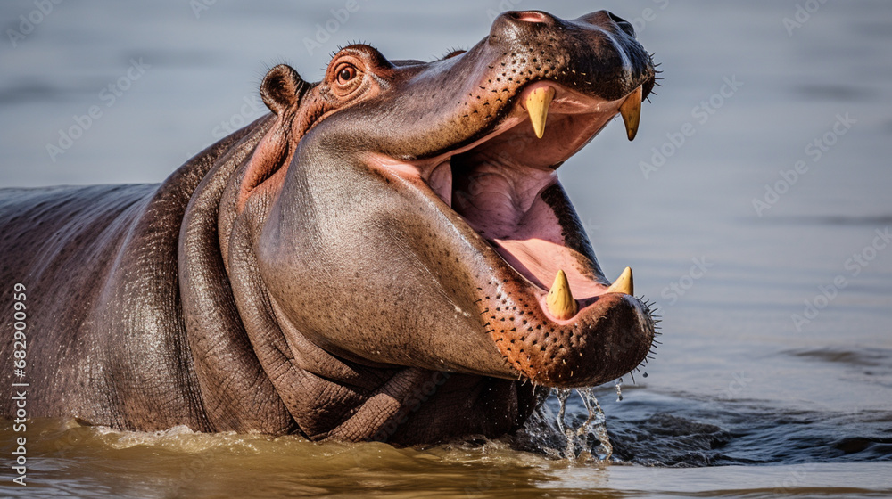 Angry hippo Hippopotamus amphibius, hippo with a wide open mouth displaying dominance. generative ai - obrazy, fototapety, plakaty 