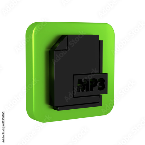 Black MP3 file document. Download mp3 button icon isolated on transparent background. Mp3 music format sign. MP3 file symbol. Green square button.