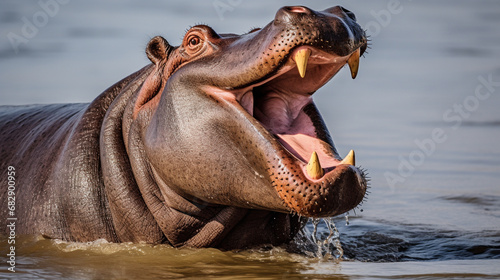 Angry hippo Hippopotamus amphibius, hippo with a wide open mouth displaying dominance. generative ai photo
