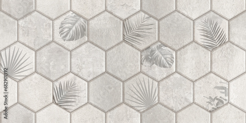 Graphics, tropics. Tile Azulejos patchwork. Portuguese and Spanish décor. Hexagon pattern. Wallpaper, tiles with a pattern of palm leaves on a gray cement background. Seamless pattern. photo