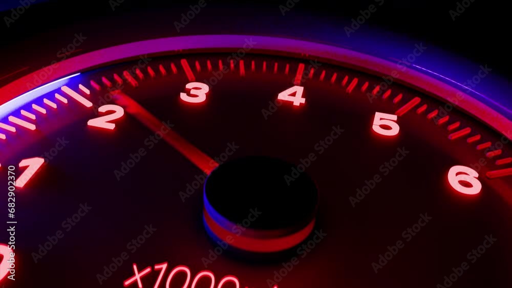 Shaking neon tachometer close up with arrow showing fast increasing rotation speed of the engine and decreasing speed while the gear shift. CGI motion design on a dark background. 3D animation