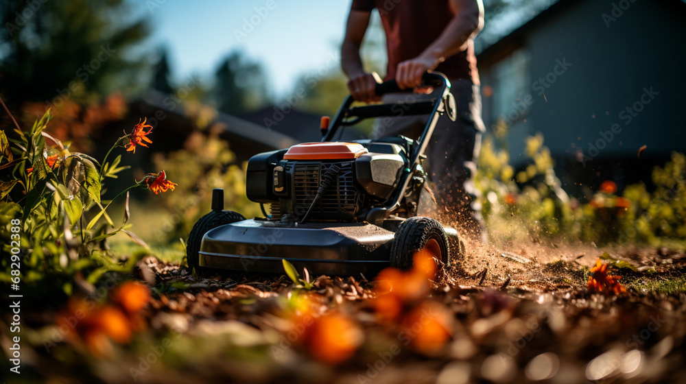 Naklejka premium Mowing the grass. Young man cutting the grass in the yard of his house. Guy mowing the lawn with electric lawnmower on a summer day. Gardener working in the garden. Job. Worker working on maintenance