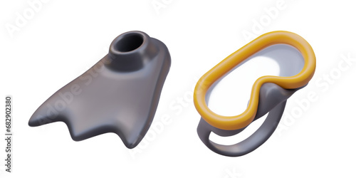 Realistic fin in black color and glasses for underwater swimming in sea. Sea excursion. Diving concept. Vector illustration in 3d style in black and yellow color