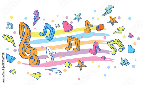Musical melody - funky colorful clef and notes decorative design