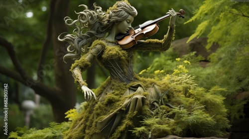 Violinist in nice dress playing music in a floral garden