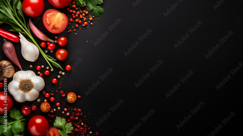 Vegetables on dark background with space for text. red cherry tomatoes, garlic cloves and fresh herbs Vegetables on dark background with space for text. red cherry tomatoes, garlic cloves and fresh herbs