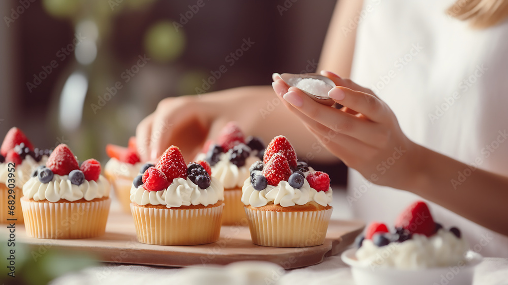 Woman decorating cupcakes with fresh berries