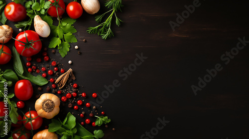 Vegetables on dark background with space for text. red cherry tomatoes, garlic cloves and fresh herbs