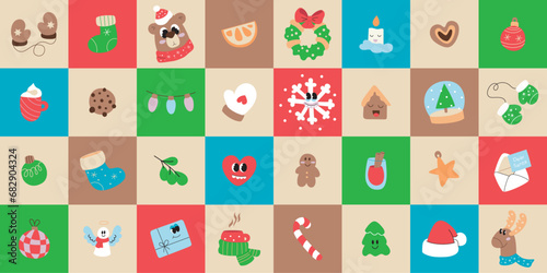 Retro Christmas cover set illustration for background  wallpaper  print  web banner in cartoon style. Vector
