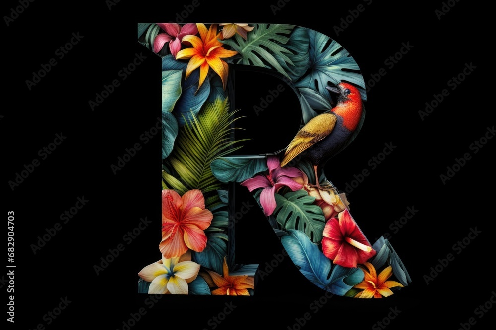 letter r, tropical style, on black background