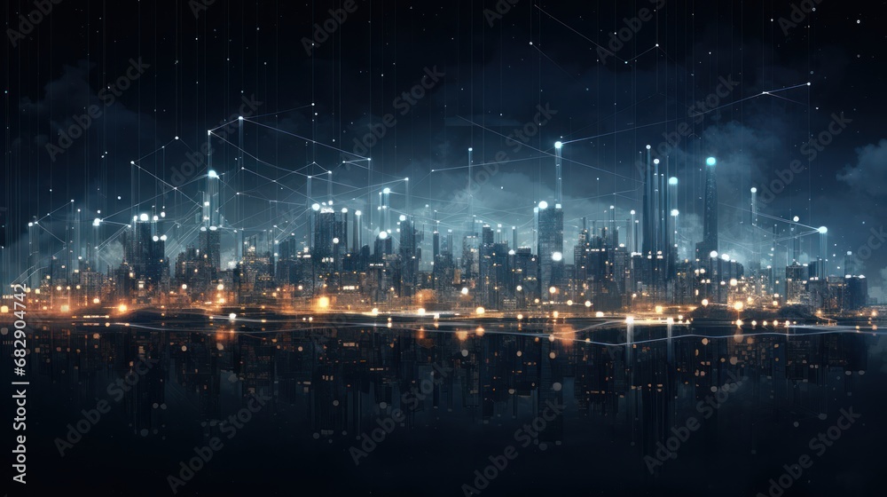 Abstract cityscape of connected particles, representing the energy of a digital metropolis that pulsates