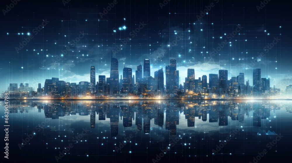 Abstract cityscape of connected particles, representing the energy of a digital metropolis that pulsates Abstract cityscape of connected particles, representing the energy of a digital metropolis that pulsates