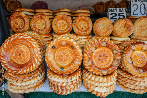 A stall selling bread in the Osh Bazaar in Bishkek, Kyrgyzstan.
