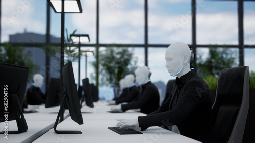 3d rendering humanoid robots working in modern office, future concept photo