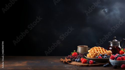 Breakfast table with waffles, bacon, breakfast sausage, croissants and berries, Mock up template