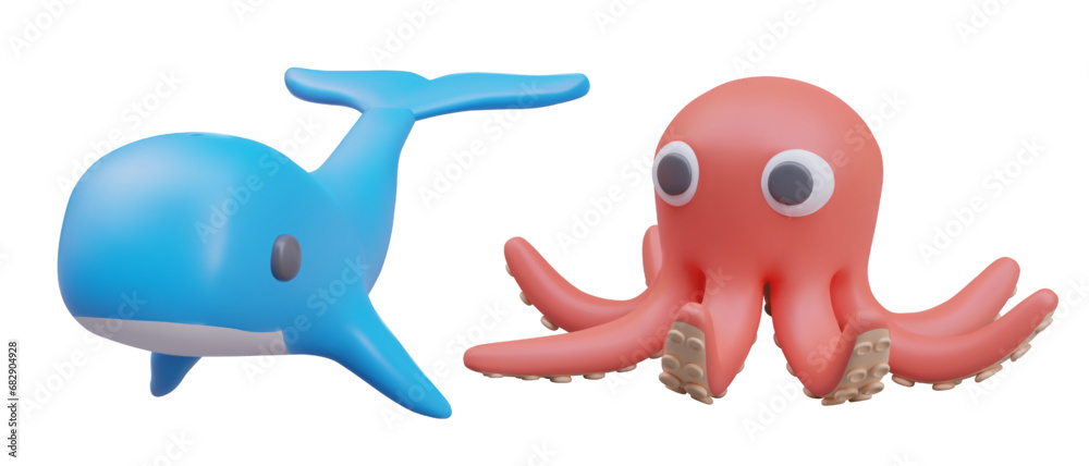 Composition with realistic blue whale and red octopus on white background. Cute ocean underwater animals. Marine life concept. Vector illustration in 3d style Composition with realistic blue whale and red octopus on white background. Cute ocean underwater animals. Marine life concept. Vector illustration in 3d style