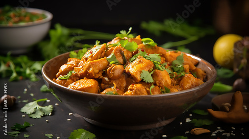 Chicken and cashew curry in a serving bowl with cilantro and green onion
