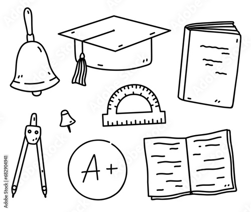 A set of school or student items - book, copybook, drawing compass, protractor ruler, graduation hat, pins. Vector hand-drawn illustration in doodle style.Perfect for logo, decorations, various design