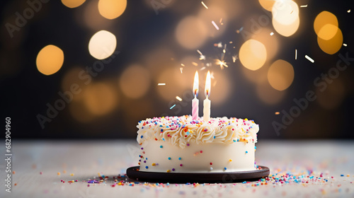 White vanilla birthday cake with sprinkles and candles, Celebration, Happy Birthday