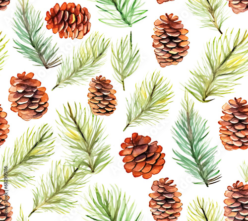 Watercolor Pine Cones and Fern Leaves Seamless Pattern for Gift Wrapping Paper and Packaging Box