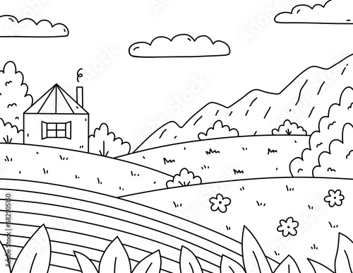 Cute kids coloring page. Landscape with clouds, house, trees, bushes, flowers, field, hills. Vector hand-drawn illustration in doodle style. Cartoon coloring book for children.