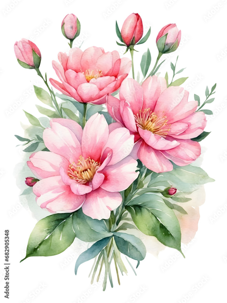 Obraz premium Watercolor pink flowers arranged in bouquet. Creative graphics design. 