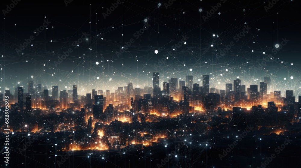 Fototapeta premium Abstract cityscape of connected particles, representing the energy of a digital metropolis that pulsates