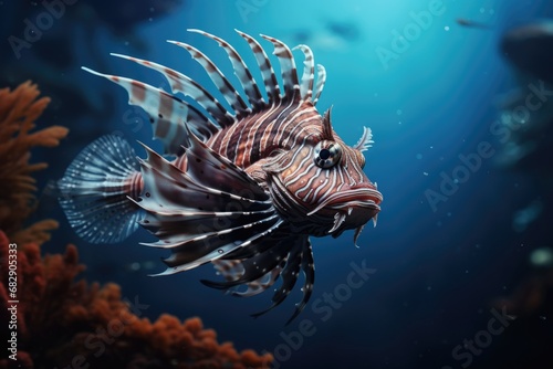 A close up of a lion fish in the water. This image can be used to depict underwater marine life.