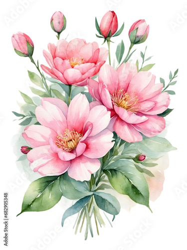 Watercolor pink flowers arranged in bouquet. Creative graphics design. 