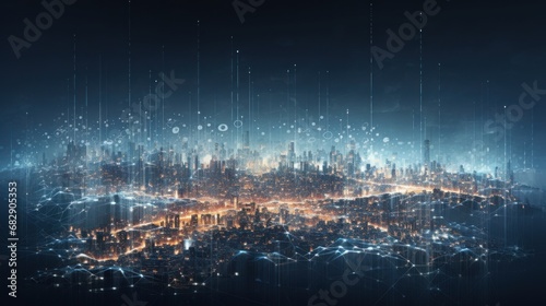 Abstract cityscape of connected particles, representing the energy of a digital metropolis that pulsates photo