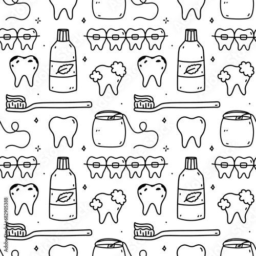 Seamless pattern with dental care items - mouthwash, dental floss, teeth, braces and toothbrush. Oral hygiene. Vector hand-drawn doodle illustration. Perfect for print, wallpaper, decorations.