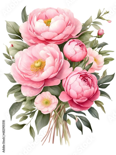 Watercolor pink peony flowers bouquet Png. Creative graphics design. Beautiful bunch of flowers. 