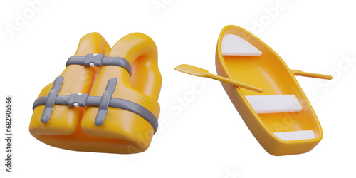 Set of items for safe swimming on river, lake. Rowing boat, life jacket. Realistic illustrations of yellow color. Image for fishing business, water sports photo