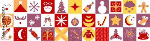 Modern Christmas Advent Calendar Template. A set of simple Christmas elements without dates in retro flat style. Set of New Year symbols. Reindeer, Christmas tree, gift, cocoa cup, red sweater etc.