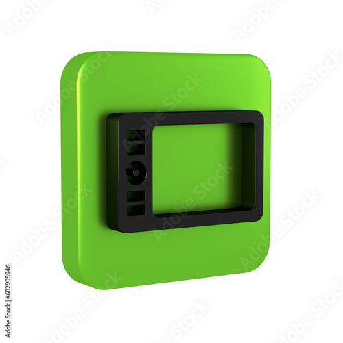 Black Graphic tablet icon isolated on transparent background. Green square button.