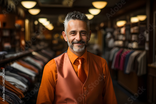 An Asian male dress maker standing in a fabric shop there are two bars of clothes hanging in stand and a man wearing orange shirt and represent the shop photo