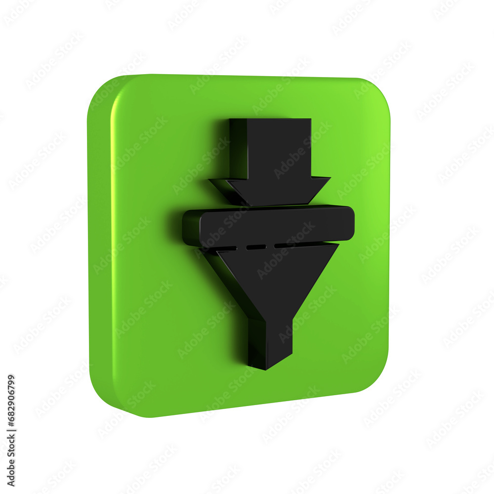 Obraz premium Black Sales funnel with arrows for marketing and startup business icon isolated on transparent background. Infographic template. Green square button.