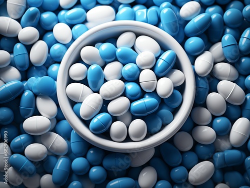 Multiple white and blue pills.
