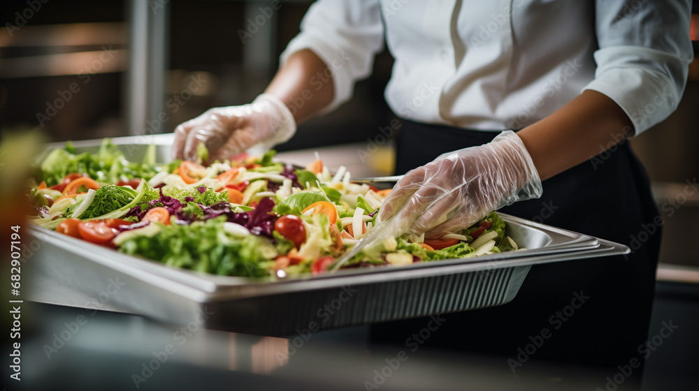 Chef preparing vegetable salad in kitchen of restaurant or hotel, closeup