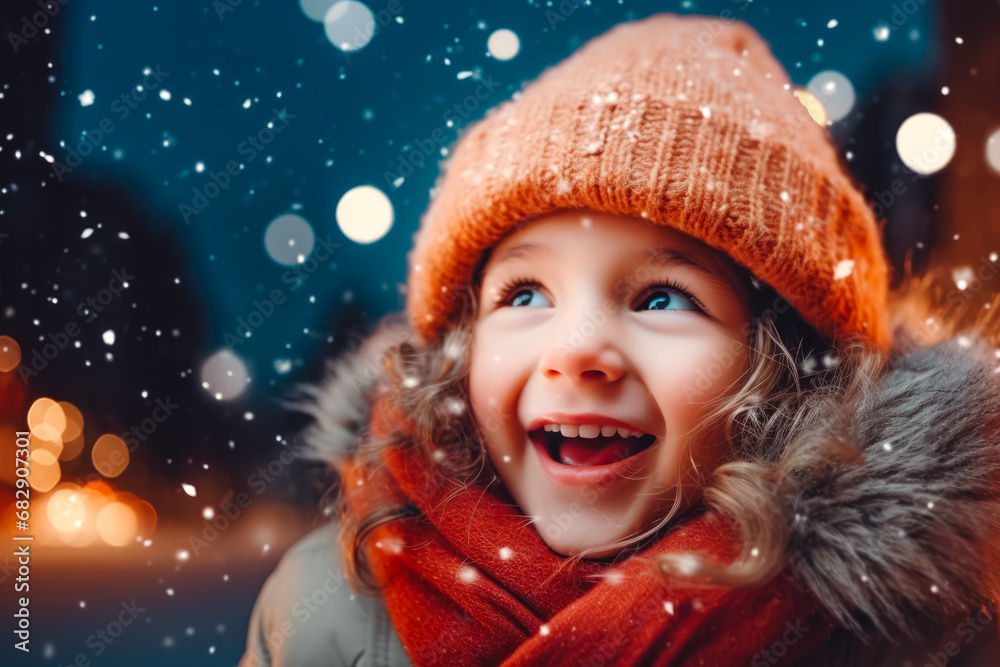 Little girl with christmas lights enjoying the holidays in the snow. Little girl hearing a hat and scarf looking at the snowflakes falling.