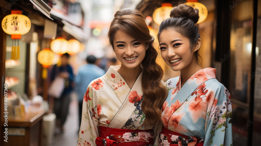 Two young asian women in kimono walking in Tokyo, Japan