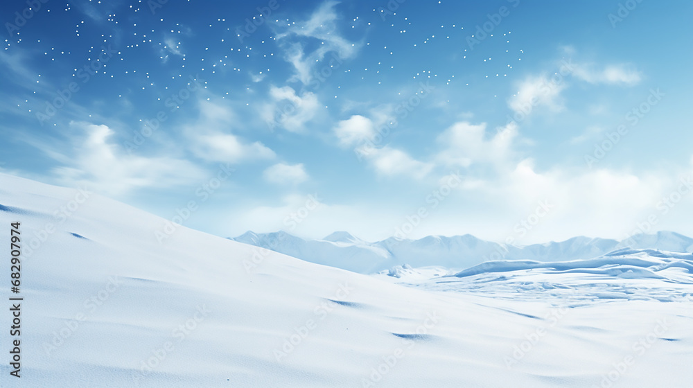 Winter snow background with beautiful light and snow flakes on the blue sky